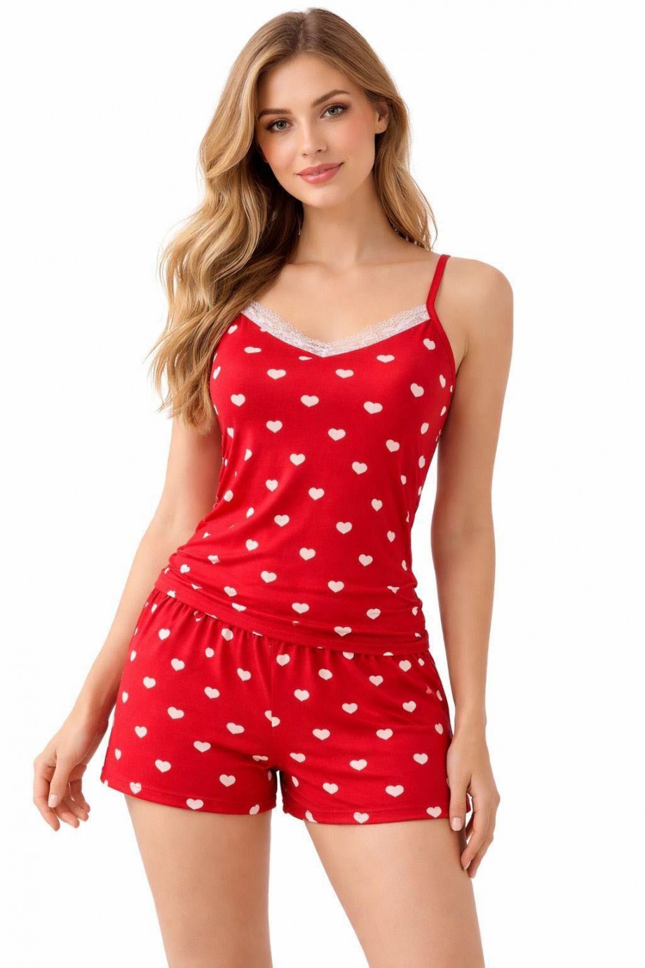 Viskon Kırmızı Kalpli Askılı Şortlu Kadın Pijama Takımı - Ayakta Görünüm | Linay Butik Kadın Ev Giyimi